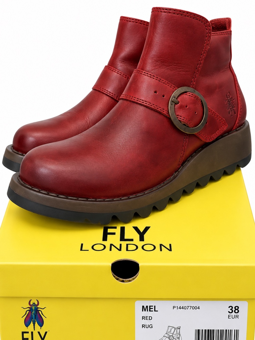 FLY London MEL Red Leather Buckle Ankle Boots EU 38